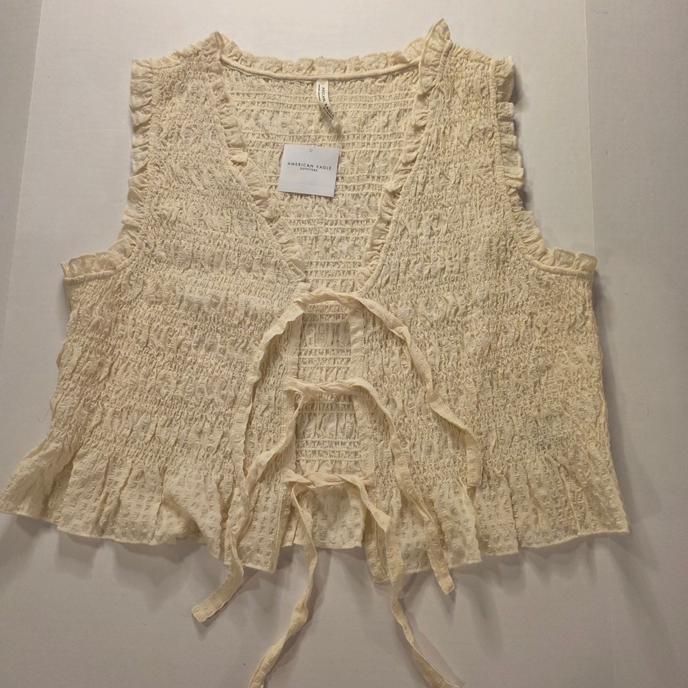 American Eagle Smocked Tie Front‎ Vest Cream Ruffle Trim Boho XL New With Tags